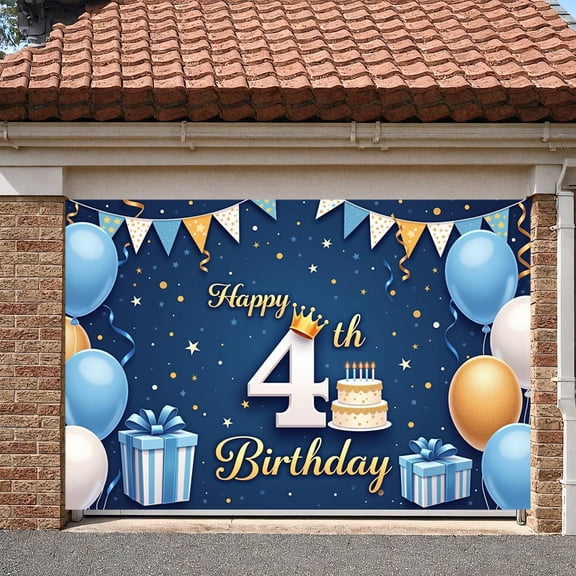 Blue Gold Theme Happy 4th Birthday Banner Royal Crown Design 4th Birthday Display Colorful Balloons Birthday Cake Pattern Kids Birthday Backdrop for 4th Birthday Party Kids Celebration Indoor
