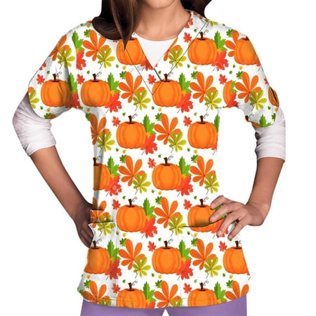 

DTBPRQ Women s Halloween Pumpkin Printed Scrubs Top V Neck Medical Scrub Top Printed Nurse T-Shirt with Pockets