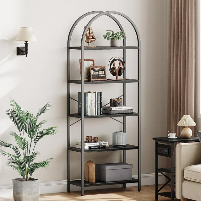 ChaoLink Librero de 5 niveles, estantería arqueada, estantes altos para libros, marco metálico, estantería abierta de almacenamiento, estantería negra grande para dormitorio, sala y oficina