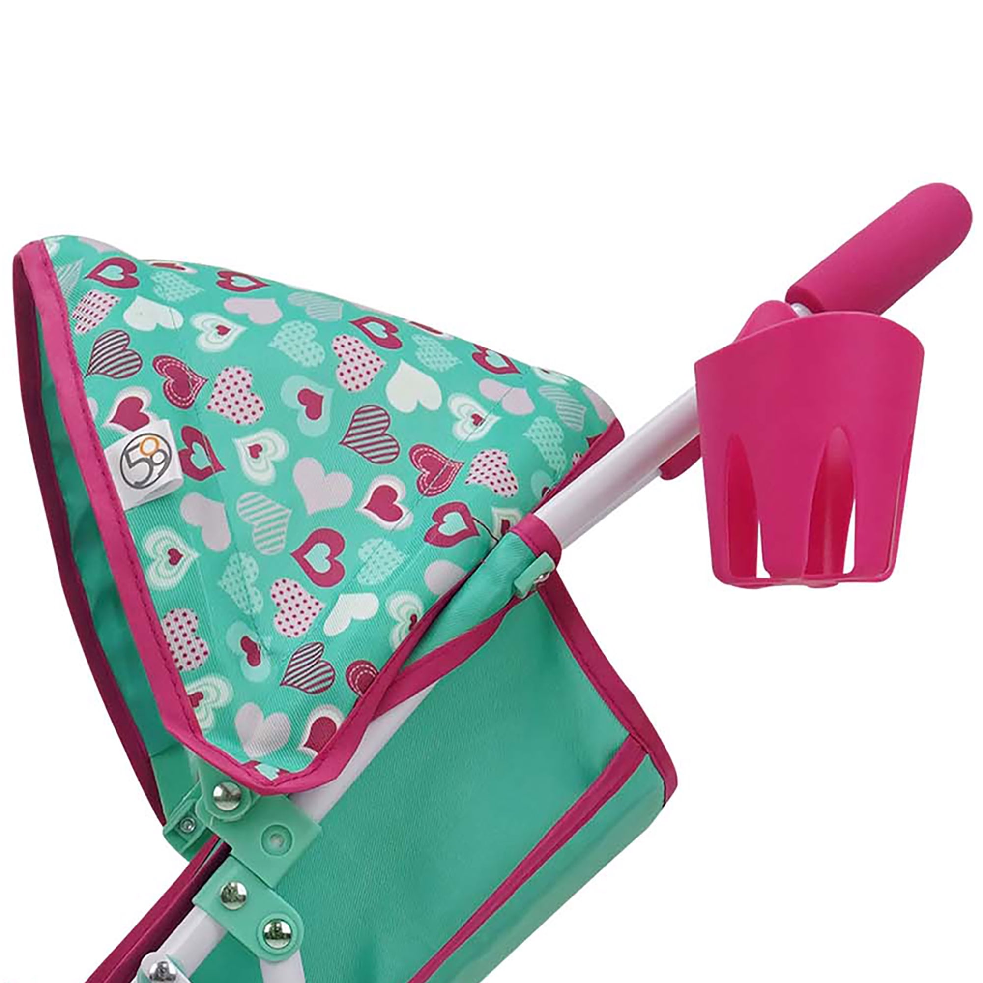 509 Crew: Mint Heart - Sarah Doll Stroller - Hot Pink & Green, Cup Holder, Tray Play, Storage Basket, Folding Accessory, Pretend Play Toy, Kids 3+