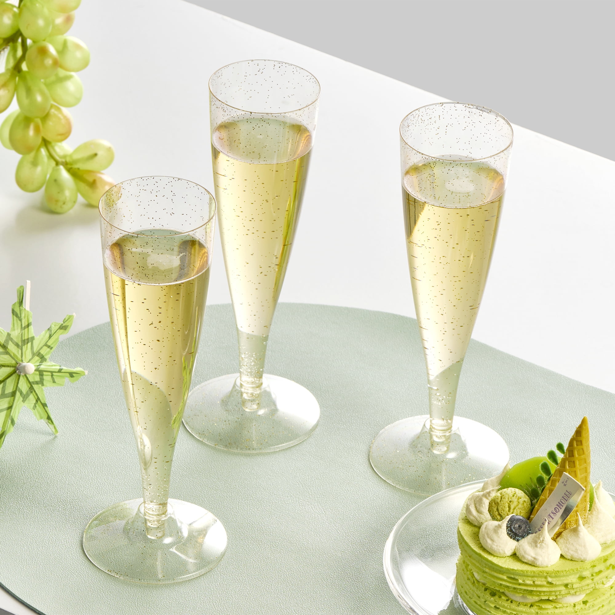 Oasis Creations Plastic Champagne Flute Glasses Set (100 count) 4.5 ounce - Gold Glitter Stem Cups- 2 Pieces- Ideal for Birthday Party, Wedding Reception, Office Parties, and other Celebrations!