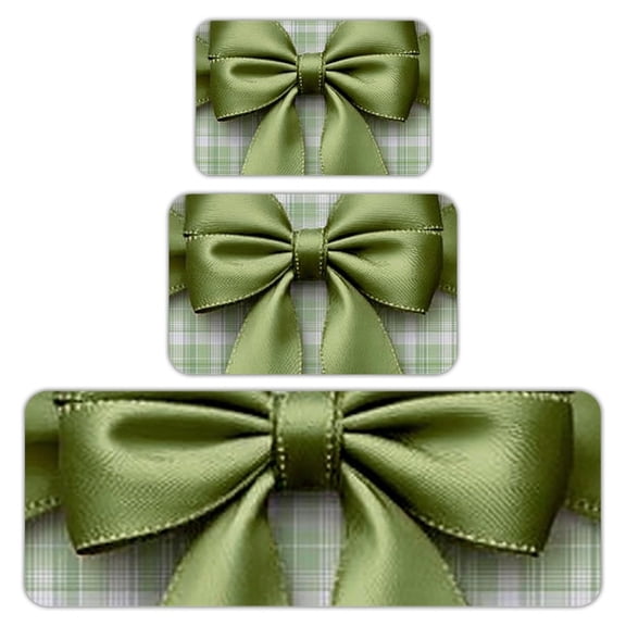 RKSupls Kitchen Rug Set 3 Piece Anti-Slip Flannel Floor Mats, Green Plaid Bow Washable Absorbent Runner Mats for Kitchen Bathroom Home Decor