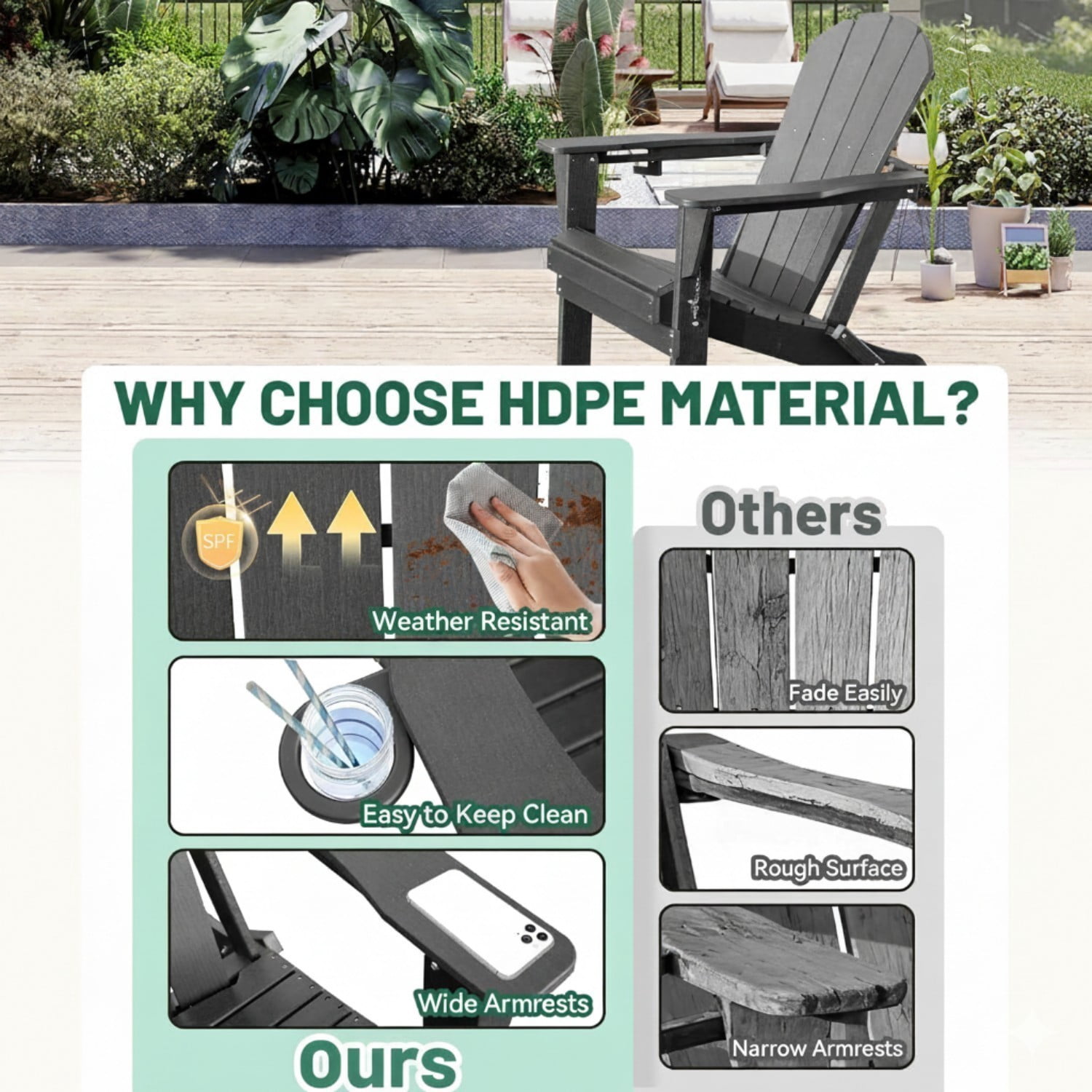 Folding Adirondack Chair, HDPE Outdoor Chair with Cup Holder, Weather Resistant Patio Chair with Wood Grain Finish for Lawn, Deck, Fire Pit, Gray