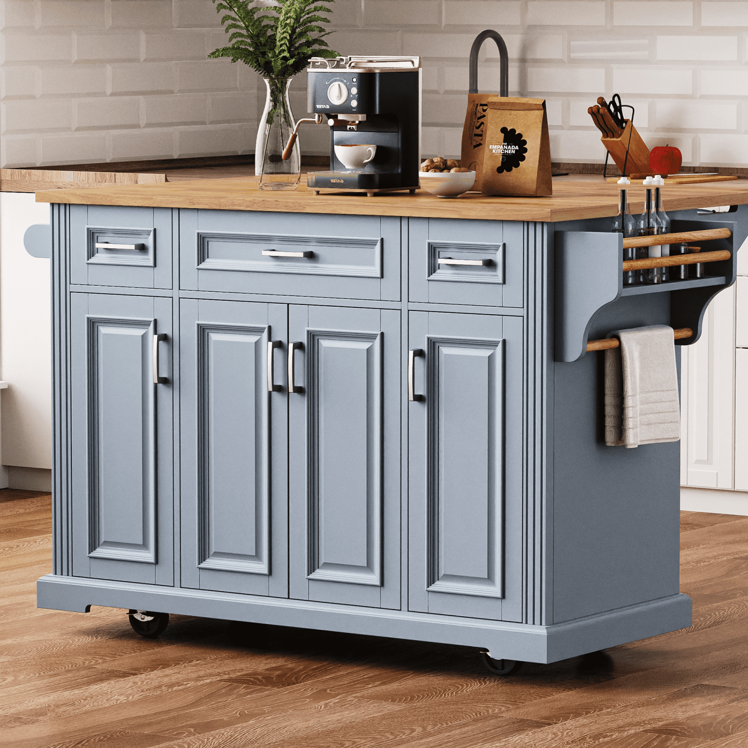 Harper & Bright Designs Large Kitchen Island with Drop Leaf, Rolling Kitchen Cart on 4 Wheels with Doors and 3 Drawers, Kitchen Island with Storage for Dining Room, Grey+Blue