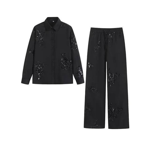 Ensemble Chemise à Sequins Décontractée pour Femmes Chic Col à Revers Manches Longues Pantalon Taille Élastique Ensemble de Printemps