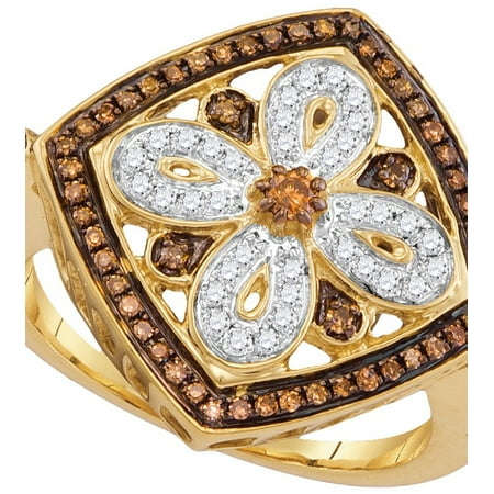 Flower Shaped Ring - Size - 7 - Solid 14k Yellow Gold Round Chocolate Brown And White Diamond Engagement Ring OR Fashion Band Prong Set Flower Shaped Halo Ring (2/5 cttw)
