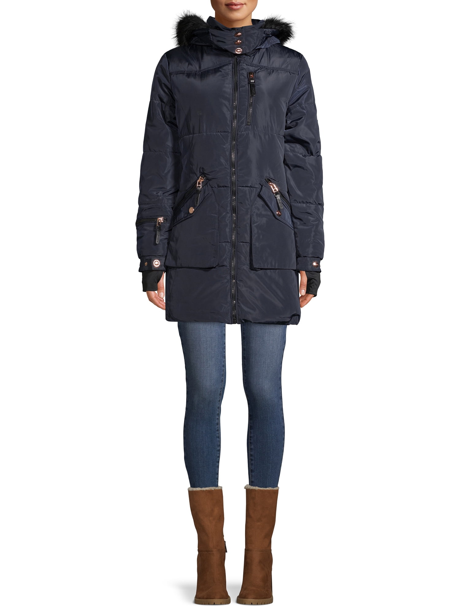 XOXO Women's Heavyweight Jacket with Faux Fur Hood