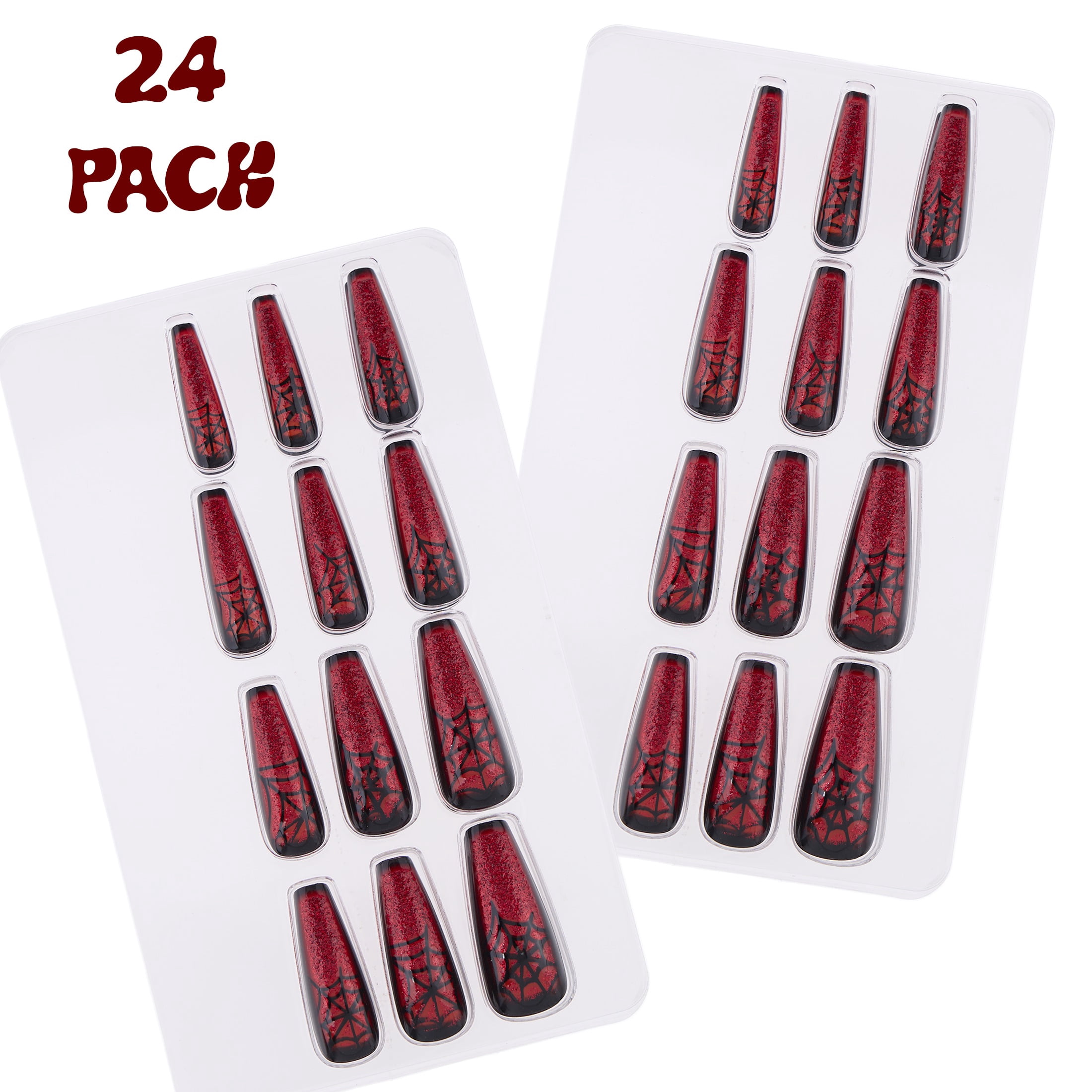 Expressions 24-Pack Self Adhesive Halloween Press-On Nails - Red Glitter & Spiderwebs