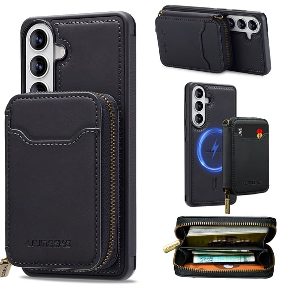 2-in-1 Wallet Case for Samsung Galaxy S26, PU Leather TPU Cover with Detachable Magnetic Zipper Card Bag, Retro Shockproof Classic Rugged Protective Phone Case, Black