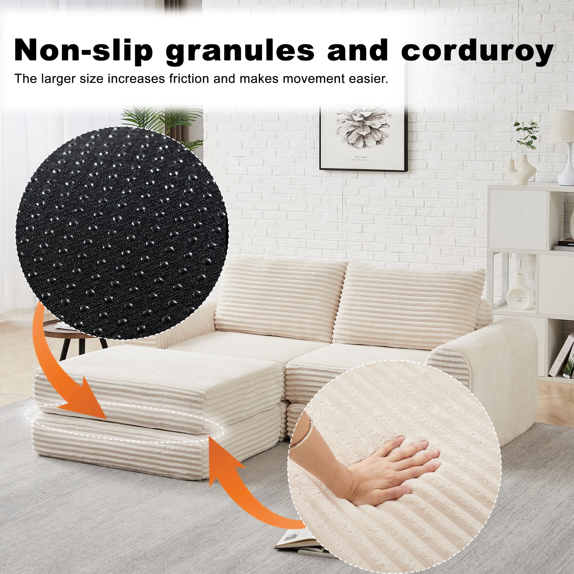 2-in-1 Corduroy Convertible Sleeper Sofa Bed with with Two Throw Pillows & Curved Lines for Living Room,Easy Assembly,Beige