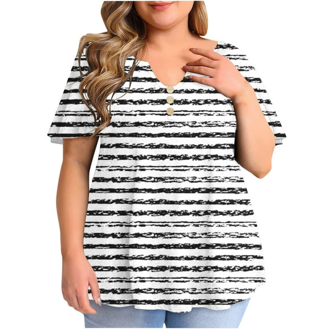 Birdeem Women Fashion Casual Printing Short Sleeve Loose Plus Size Ruffle Short Sleeve Tops V-Neck Blouse