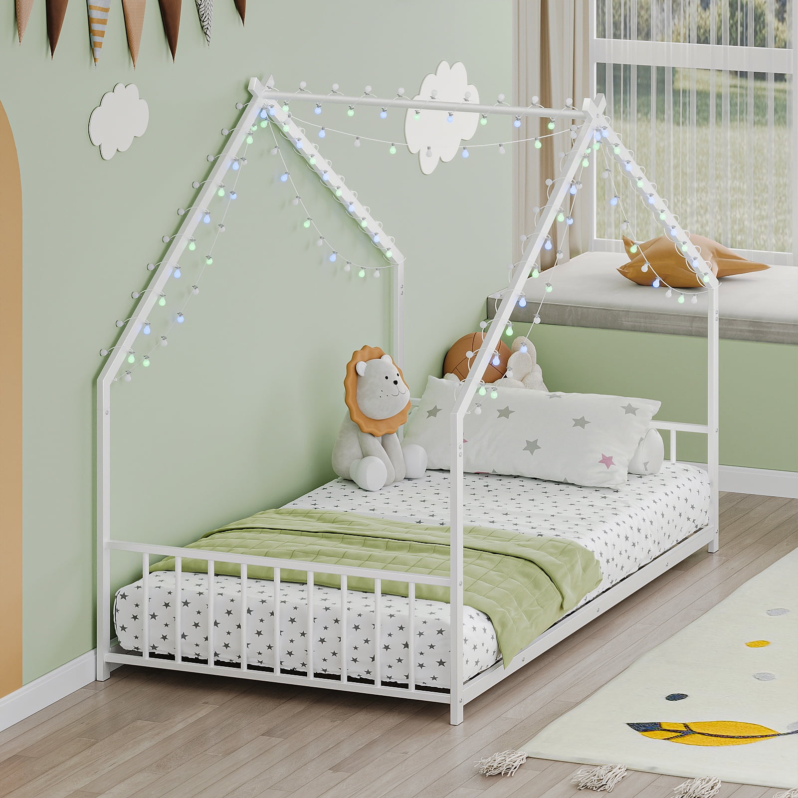 PORKISS Twin Size Floor Bed, Metal Toddler Bed with LED Light Strips, Slat, Fence, No Box Spring Needed, Montessori Bed, Full House Bed Frame for Kids, Boys, Girls, White