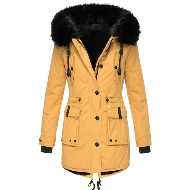 Fiogavroetic Women's Winter Padded Hooded Drawstring Mid-Length Cotton-Padded Jacket Pocket Zipper Coat