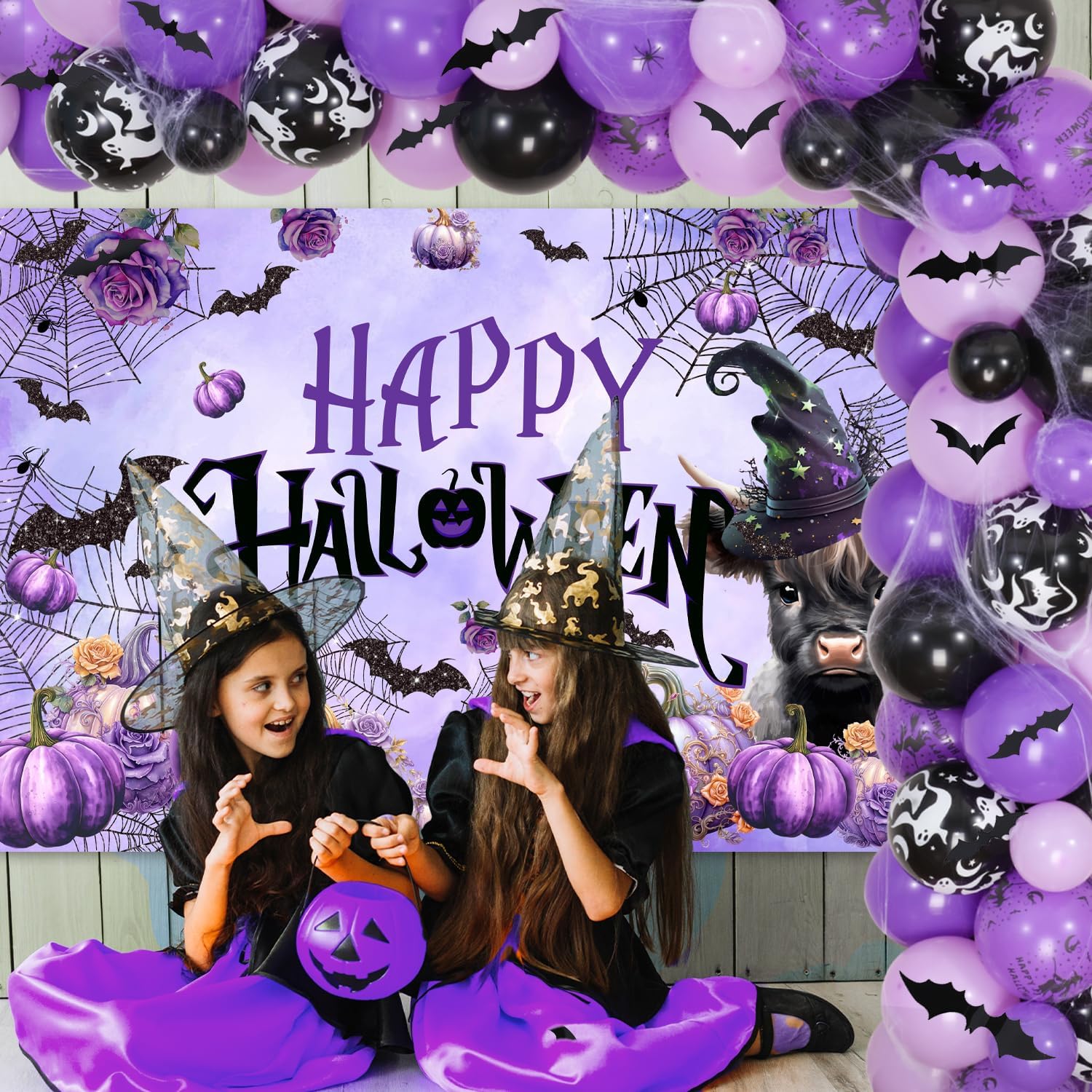 Halloween Highland Cow Decorations Purple Floral Witch Hat Pumpkin Backdrop Happy Halloween Photograph Background Bat Spider Purple Black Balloon Garland Arch Kit for Halloween Birthday Party Supplies