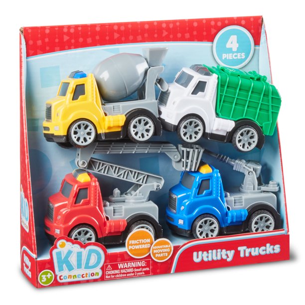 Kid Connection Friction Powered Utility Trucks Play Set, 4 Pieces
