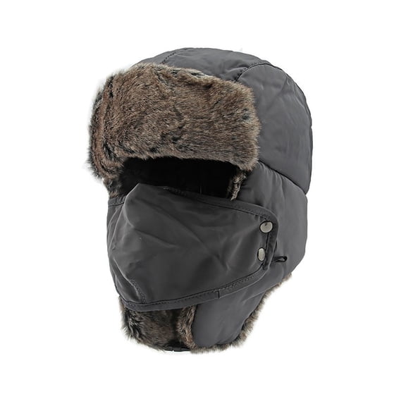 Mens Trapper Hat Winter Russian Hat with Ear Flaps Detachable Face Mask Bomber Hat Gray