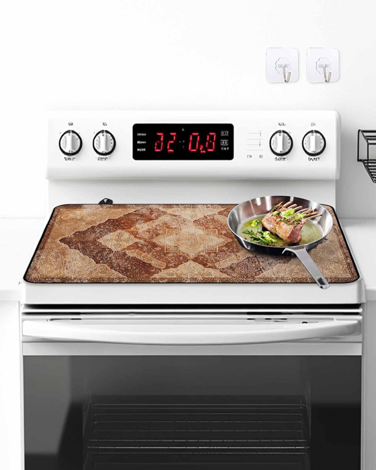 Stove Top Covers for Electric Stove, Beige Boho Glass Stovetop Cover Protector, Ethnic Modern Geometric Abstract Art Western Induction Cooktop Protector Oven Mat for Kitchen Countertop 24"x21"