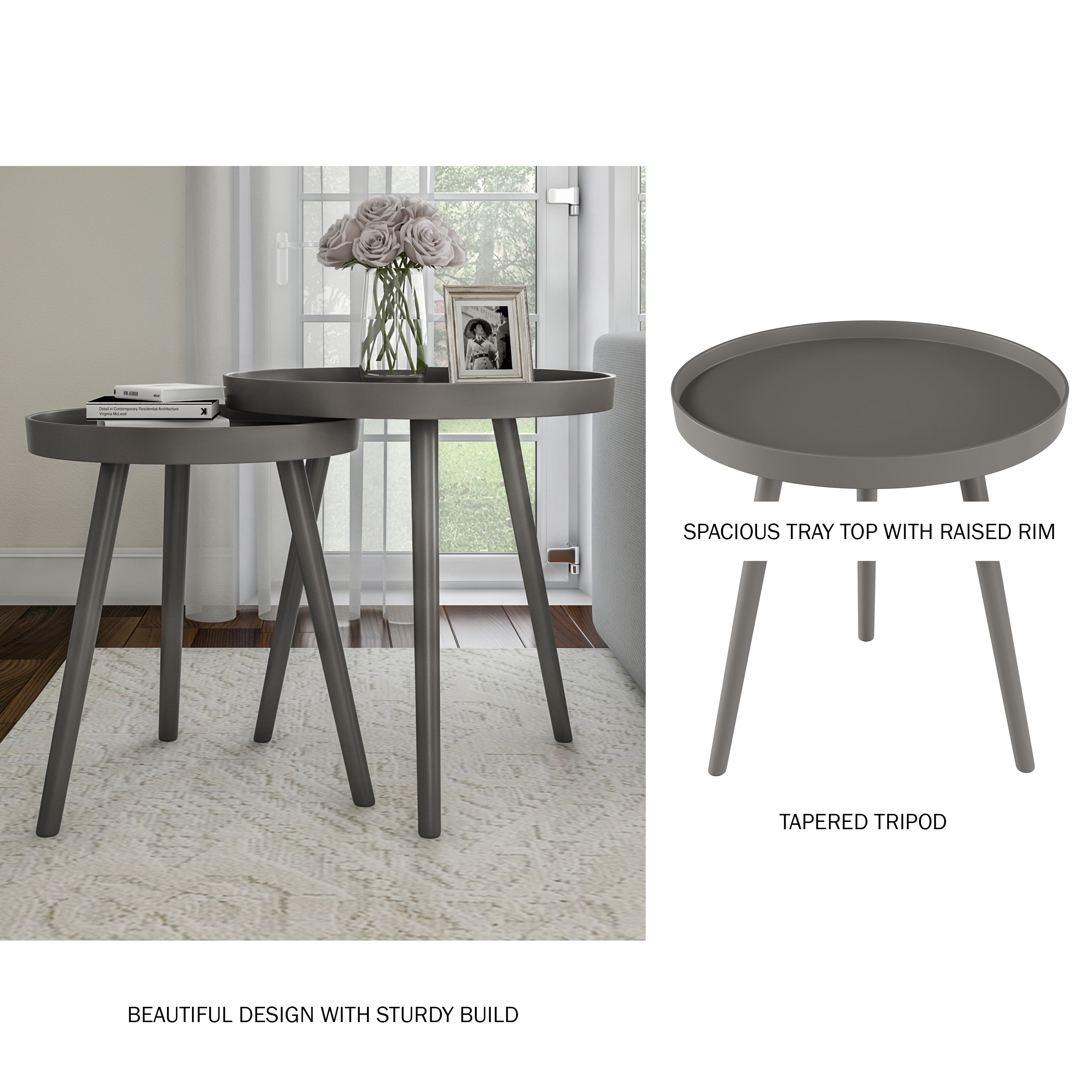 Lavish Home Set of 2 Round Nesting Side Tables with Tray Tops, Gray