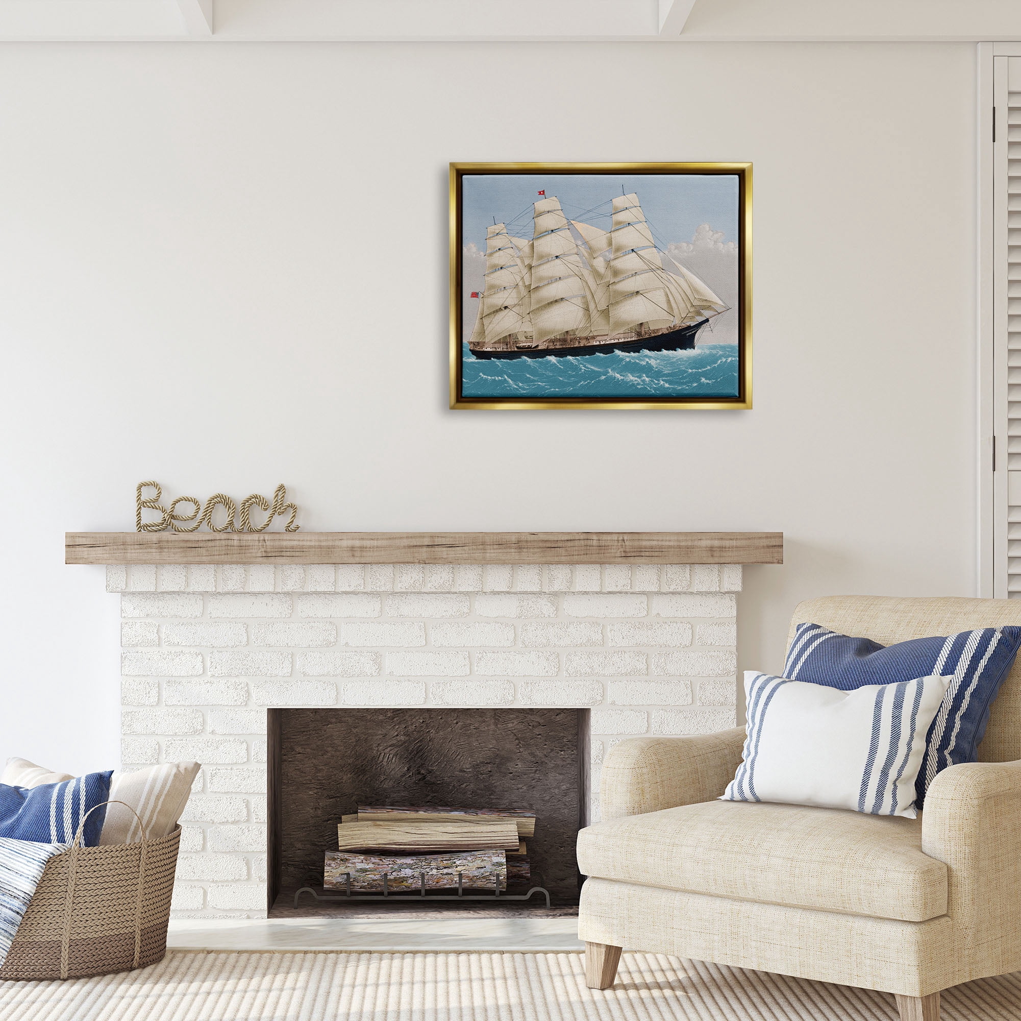 Stupell Industries Nautical Ship Sailing Transportation Painting Gold Floater Framed Art Print Wall Art, 31 x 25
