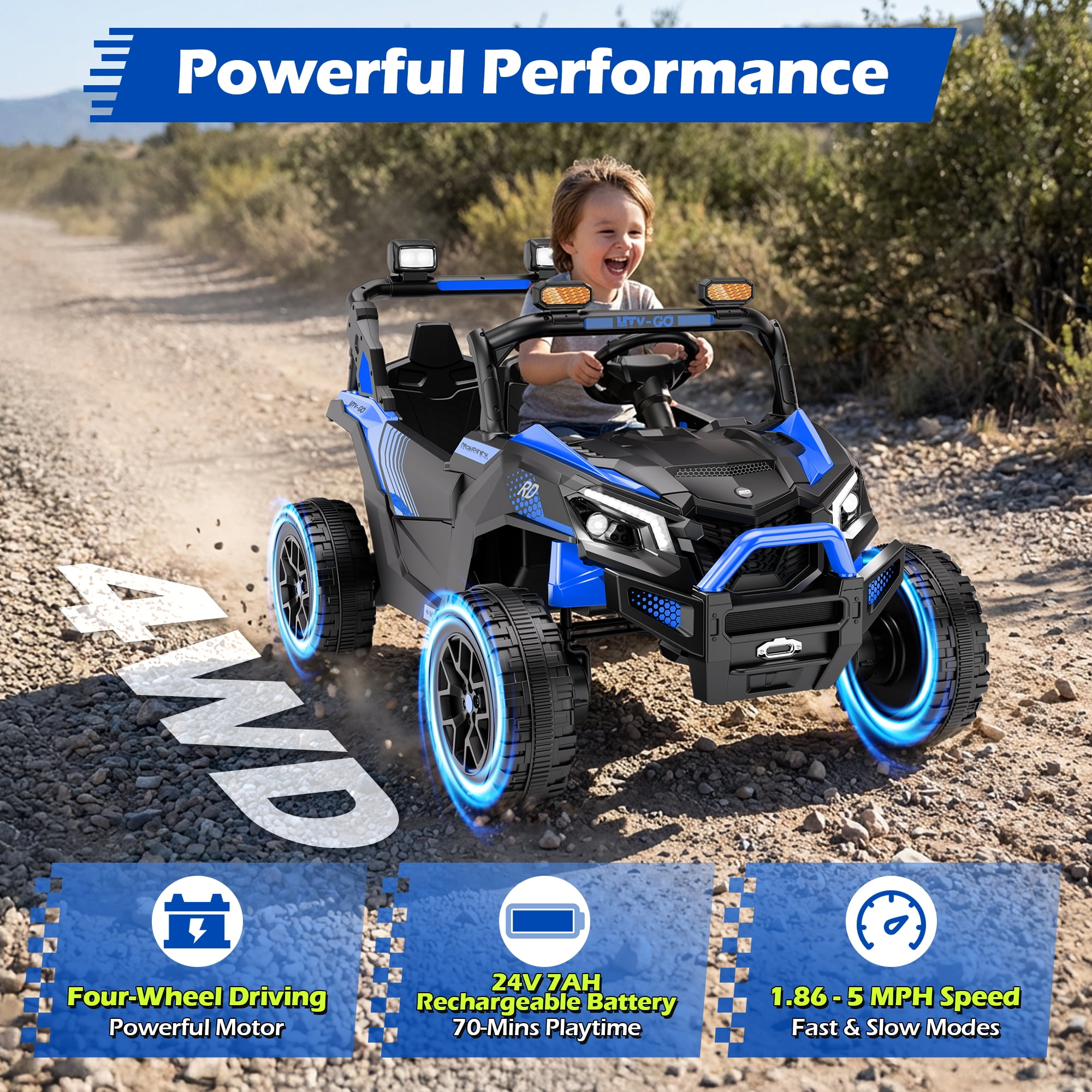 Wisairt 24V Ride on Toys 4WD Ride on Cars with Remote Control, 2 Seater Electric Car for Kids, Power Car Wheels, UTV w/ Four Motors, Music, LED Lights, Wireless Audio, 3 Speeds, Blue