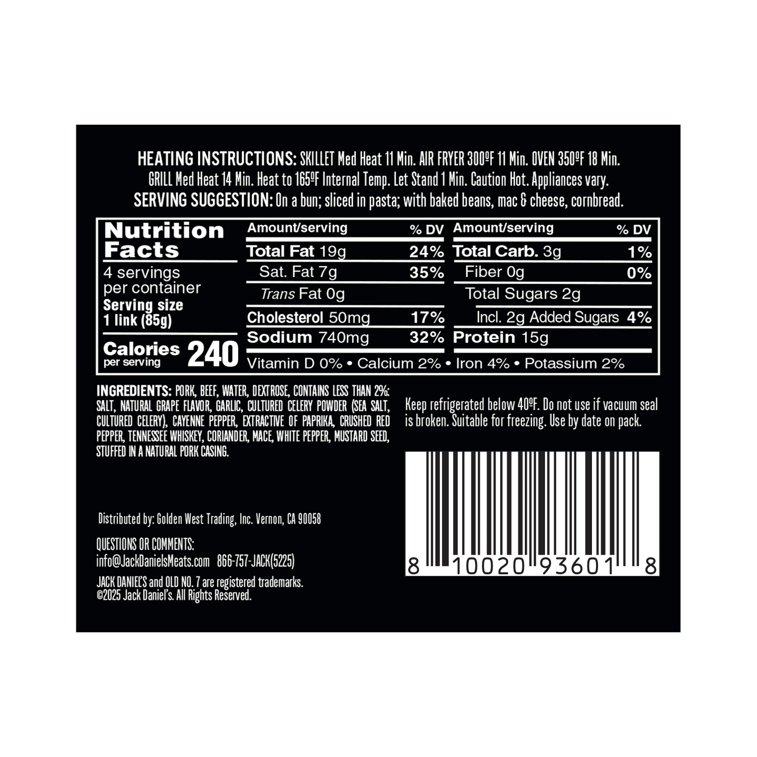 Jack Daniel's Hot Links Pork and Beef Smoked Sausage, 12oz, 4 count