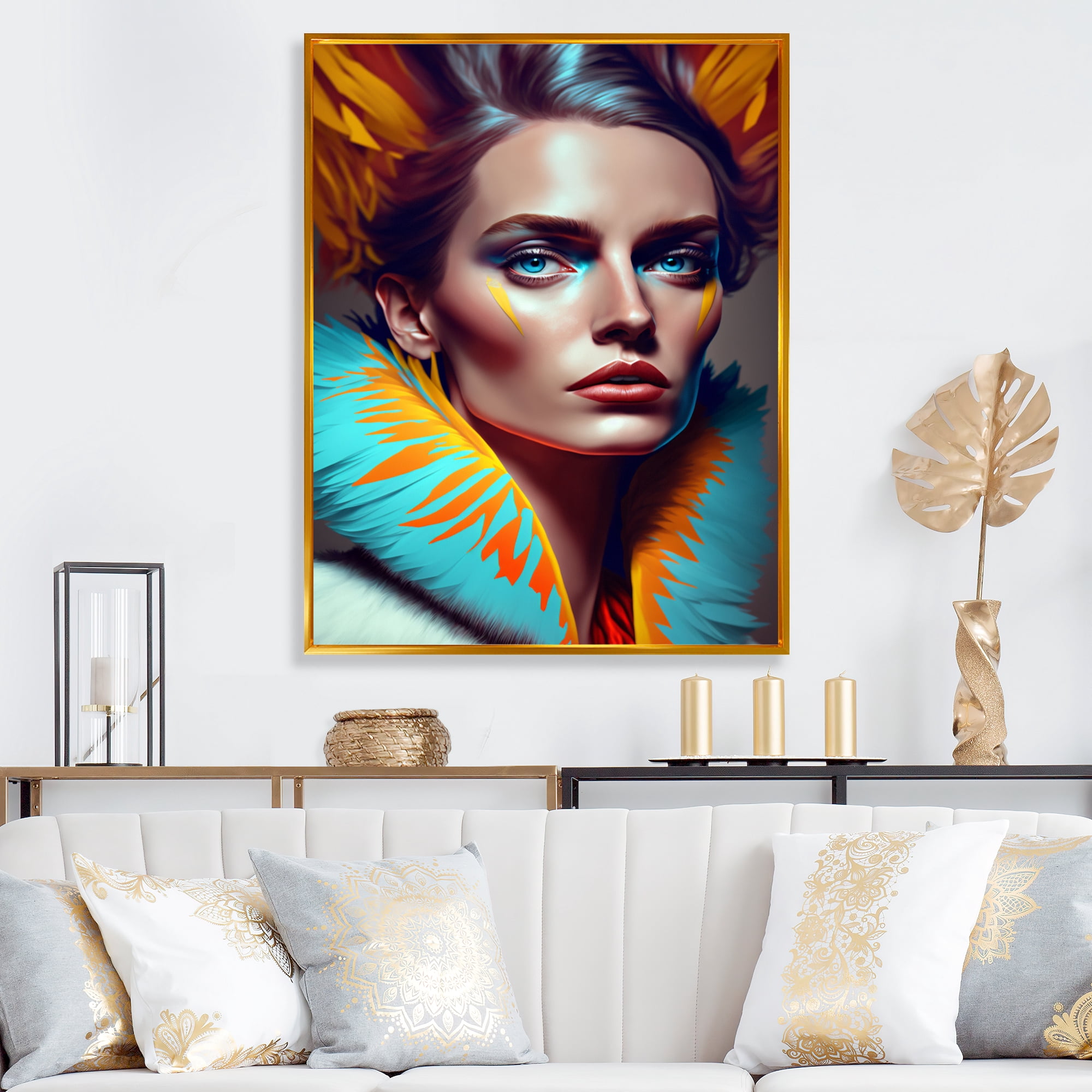 Designart Colorful Sensual Woman In Fur Coat II Floating Frame Wall Art