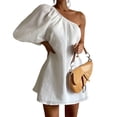 thumbnail image 2 of Primavera mujer moda delgada hombro oblicuo algodón Lino Vestidos elegante blanco negro solo hombro manga fiesta Mini vestido, 2 of 5
