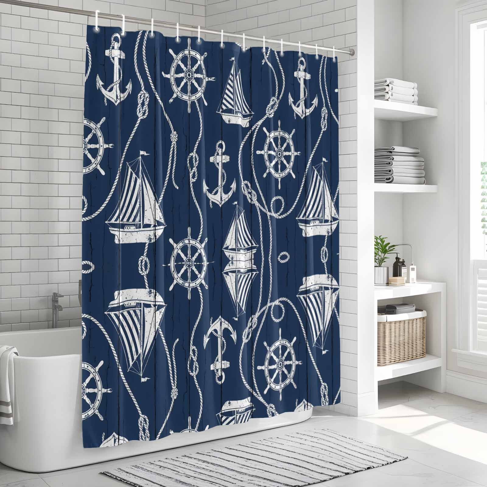 Shower Curtain Bathroom Set Coastal Sailboat Compass Anchor Waterproof Fabric Shower Curtains with Grommets&Hooks, Nautical Theme Navy Blue Wood Privacy Bath Curtain for Bathtub 72x72in