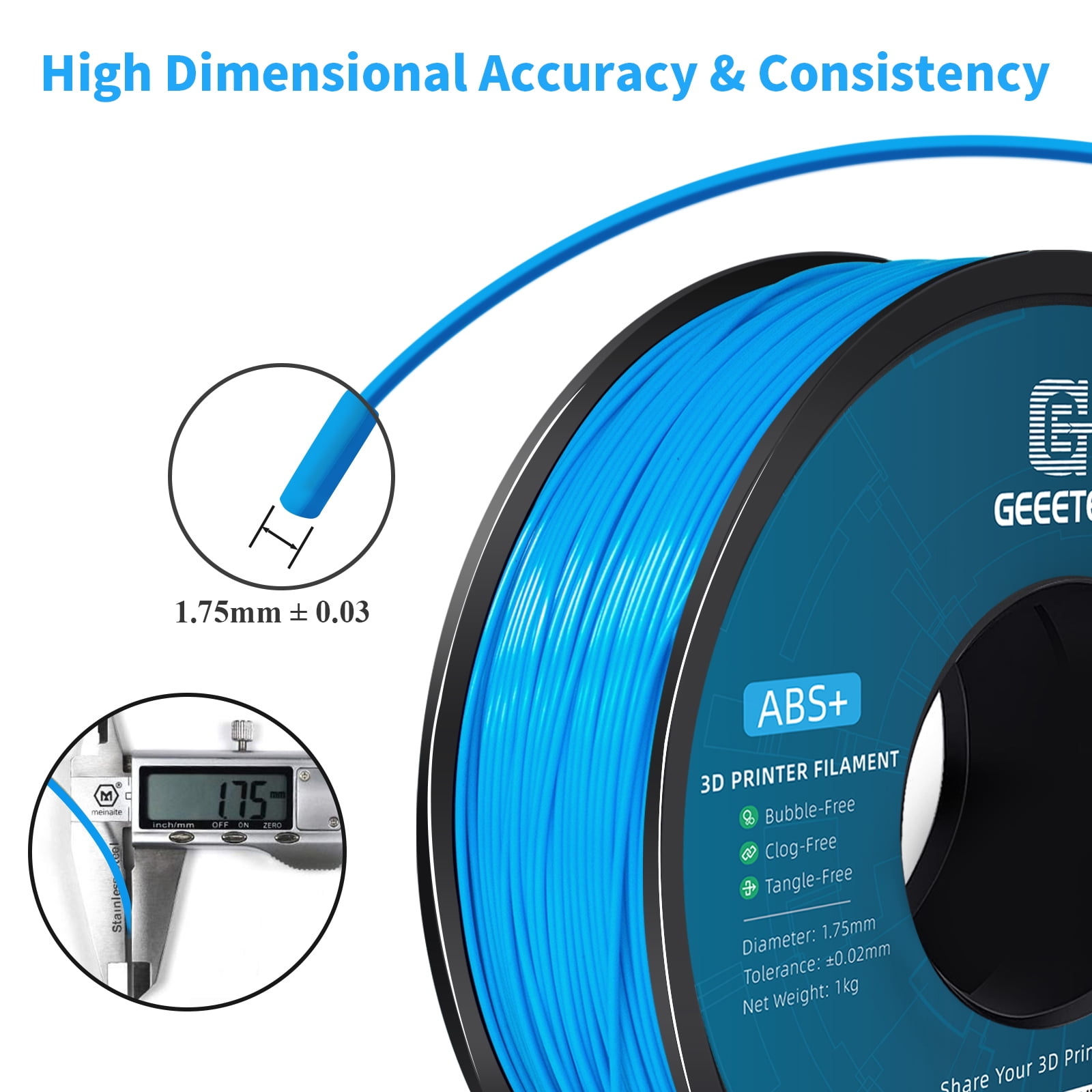Geeetech neatly wound lake blue ABS filament 1.75mm 3D printer filament 1kg (2.2lbs), dimensional accuracy +/- 0.03 mm, suitable for most FDM 3D printers（5pcs）
