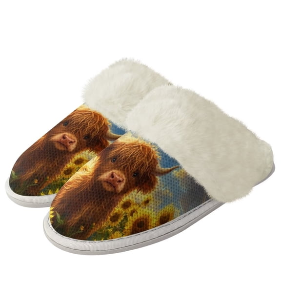 Chririnla Cattle Print Fuzzy Slippers Women Non Slip Sunflower Plush House Slippers Indoor Slipper with Fur Edges Outdoor Sneaker Slippers