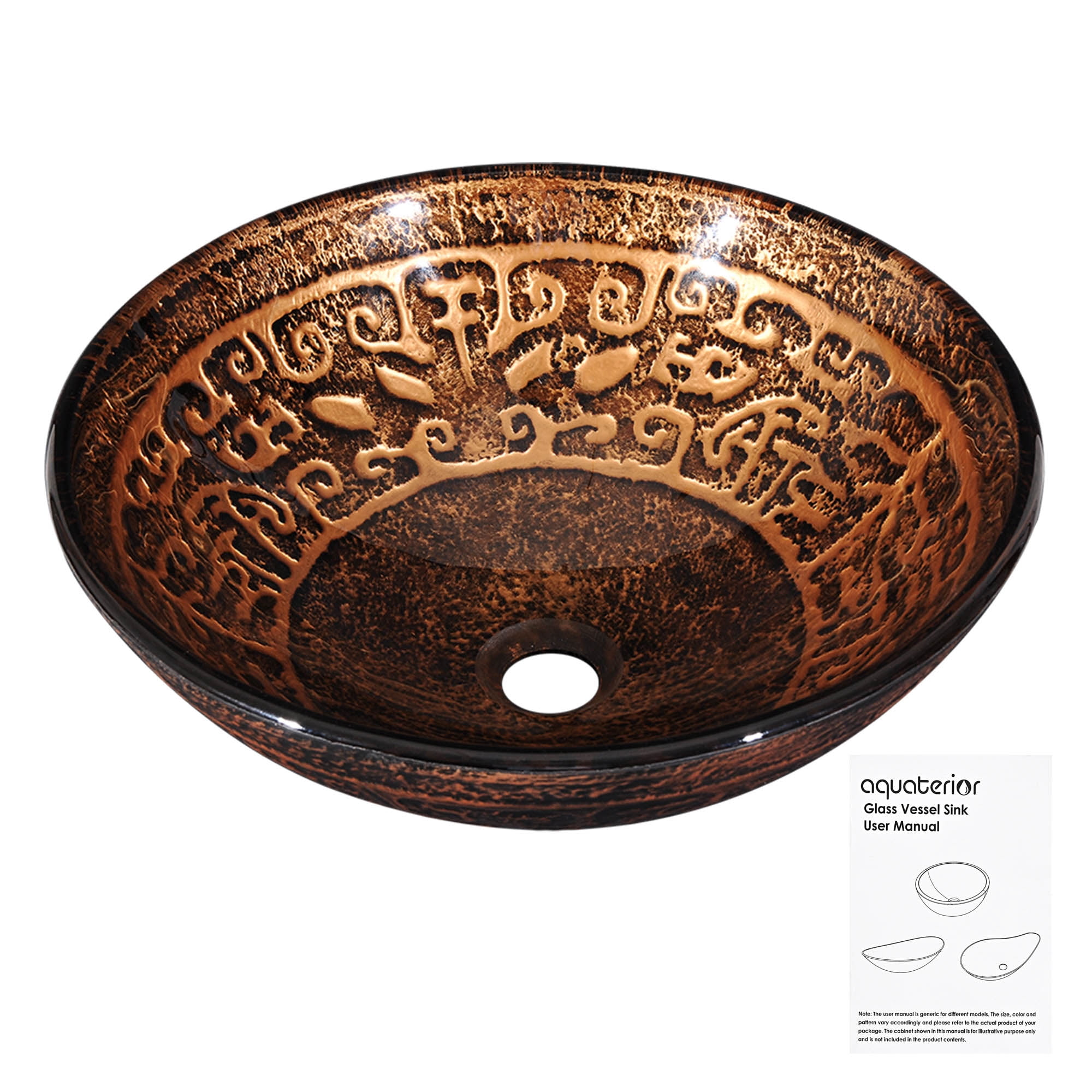 Aquaterior Tempered Glass Round Vessel Sink Antique Totem Pattern Above Counter Bathroom Lavatory Vanity Bowl Basin