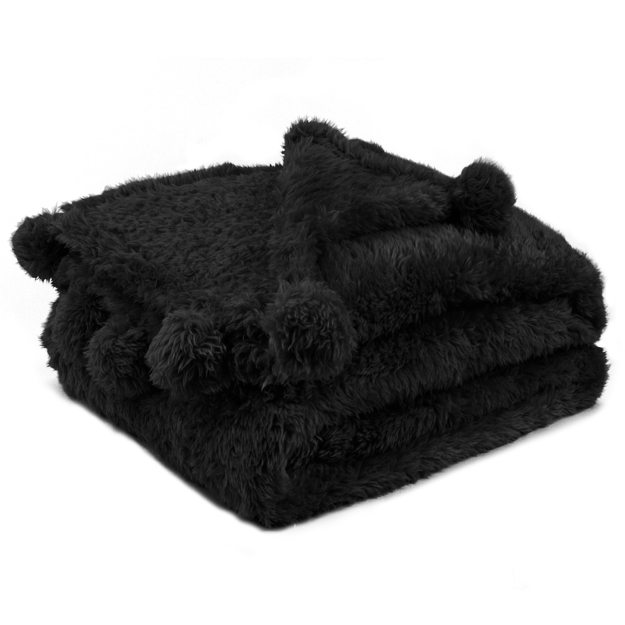 PAVILIA Black Sherpa Throw Blanket for Couch, Pom Pom Fluffy Plush