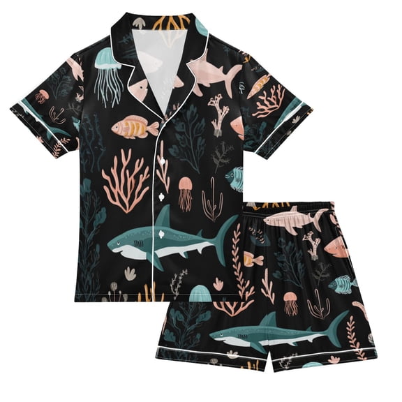 Silky Satin Kids' Pajama Set Breathable & Smooth Unisex Button-Down Pajamas Sharks and Seagrass Pattern Small