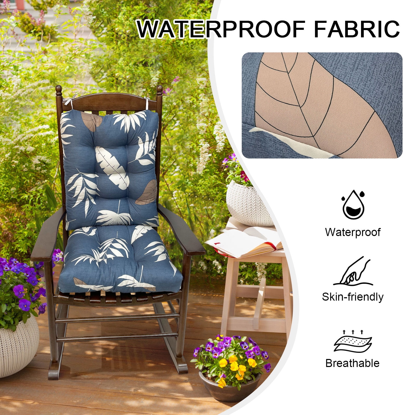 TOPCHANCES Indoor/Outdoor Rocking Chair Cushions Set, 2 Piece Tufted Comfortable Cushions for Rocking Chairs with Non-Slip Ties, Blue & Leaves