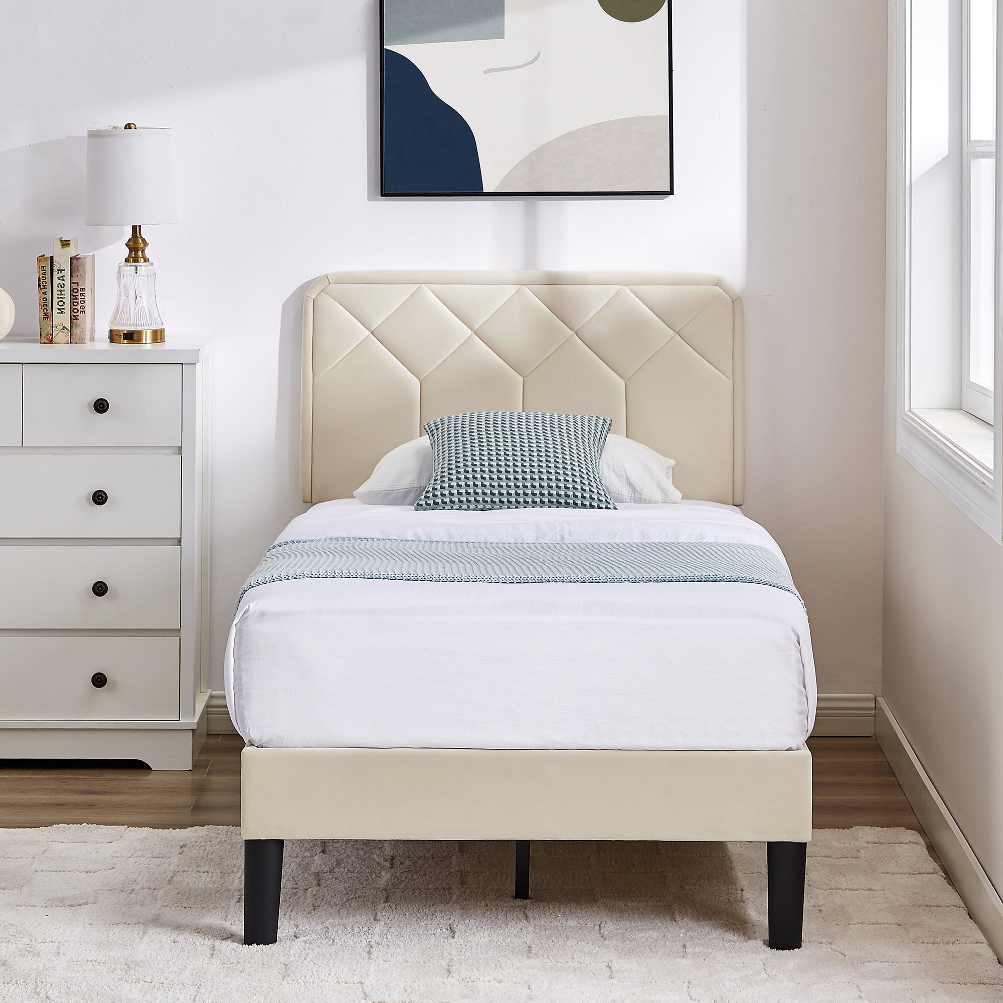 Taomika, Twin Size Tufted Nailhead Upholstered Platform Bed Frame with Adjustable Headboard-Beige