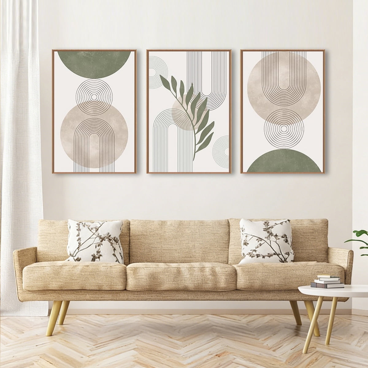 TOARTi Boho Canvas Wall Art Sage Green Framed Minimalist Painting Modern Geometric Abstract Prints Set of 3 for Living Room Bedroom Office 24x36 Inch