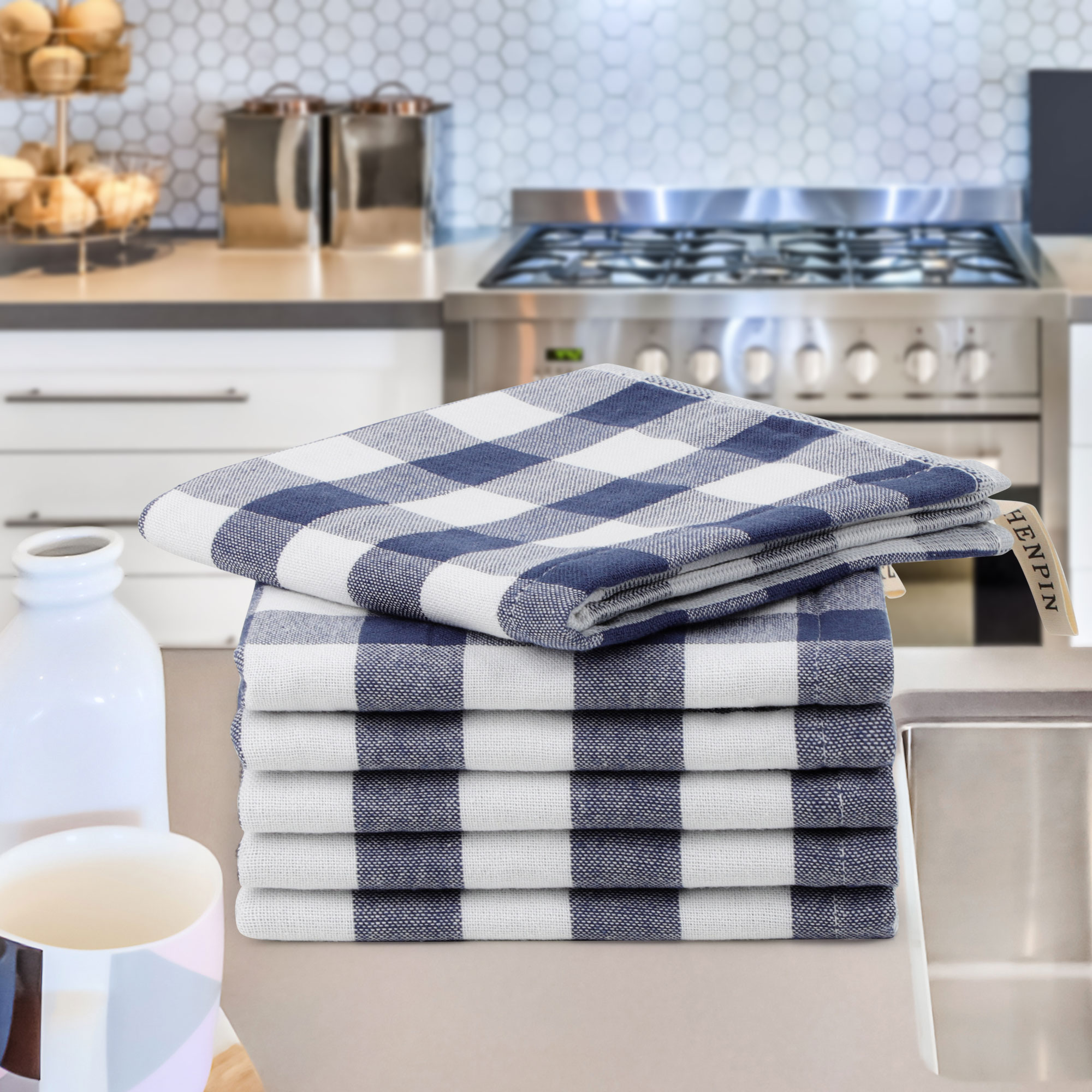 Unique Bargains 6Pcs 100% Cotton Buffalo Pattern Absorbent Dish Cloths Blue 13" x 13"