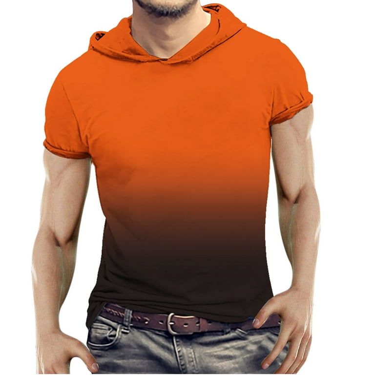 Huk Fishing Shirts For Men New Men's 3D Gradient Printed T-shirt Hooded  Short Sleeve Top/shirt Blouses Cotton tshirts for Men Teacher  Shirts,Orange,S