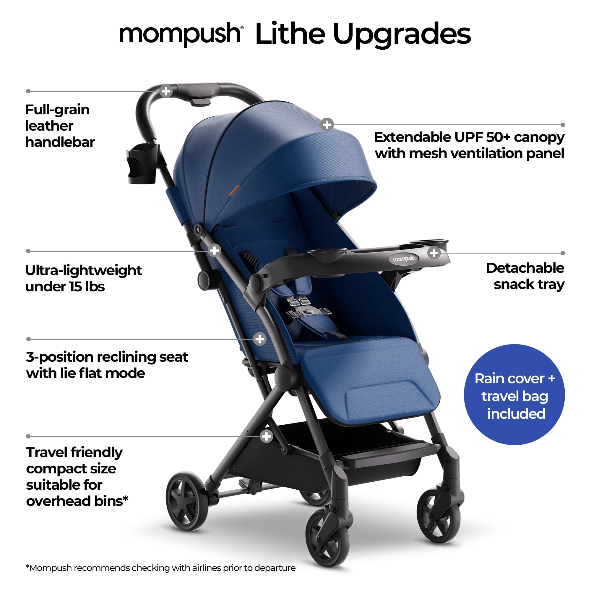 Mompush Lithe V2 Lightweight Stroller with Snack Tray, Newborn Nest Mode, Navy, 17.3LB, Unisex