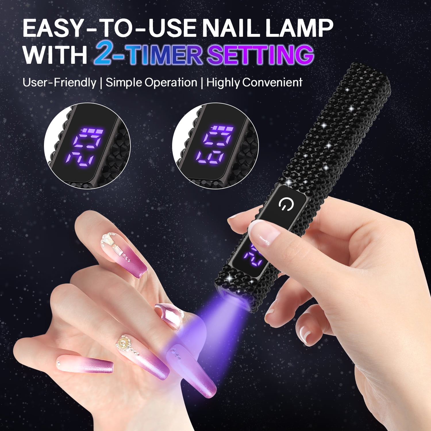 PRYZUNA Mini Crystal LED UV Nail Lamp – Portable Gel Polish Dryer with Touch Timer, USB-C Rechargeable Design with Rhinestone Finish
