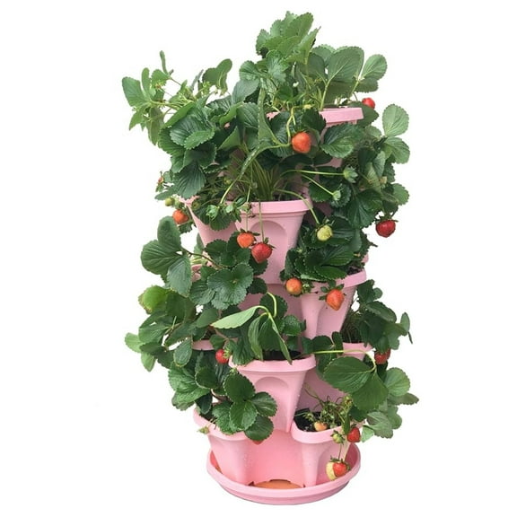 Strawberry Planter 5-Tier Pink - Stackable Garden Pots with Saucer - Vertical Gardening for Strawberries, Herbs, Flowers - Easy Assembly, Self-Watering