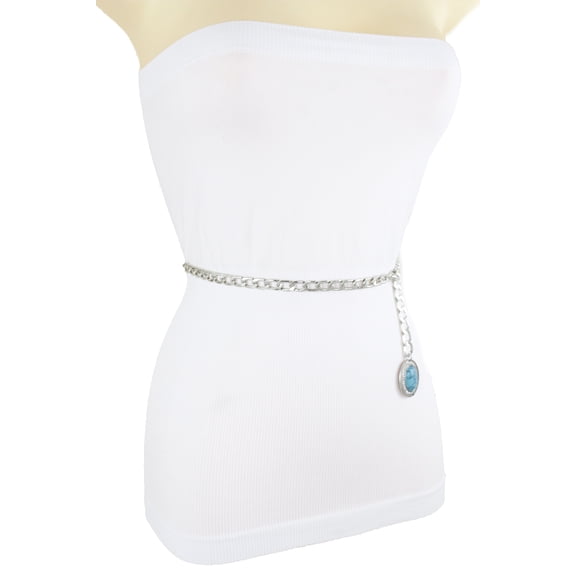 Women Silver Metal Chain Turquoise Blue Bead Charm Belt M L XL