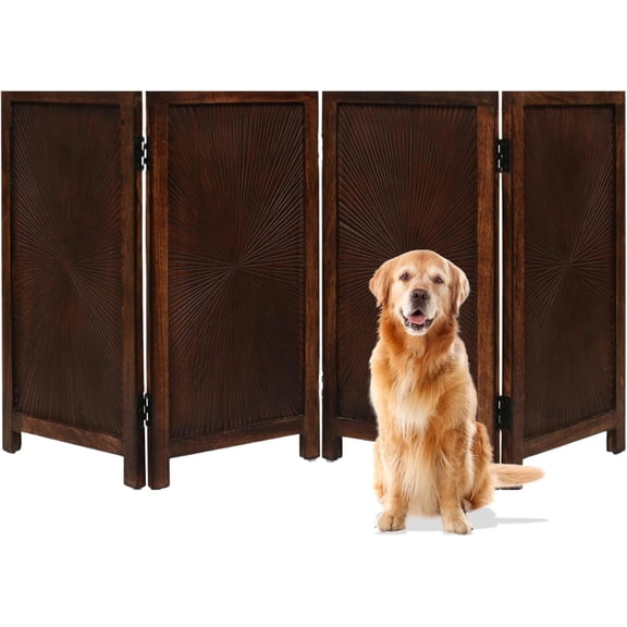 The Wooden Town Foldable Indoor Pet Gate , Free-Standing 4-Panel Dog Barrier, 56" W x 28" H, Burnt Finish, Hand-Carved Solid Wood & MDF