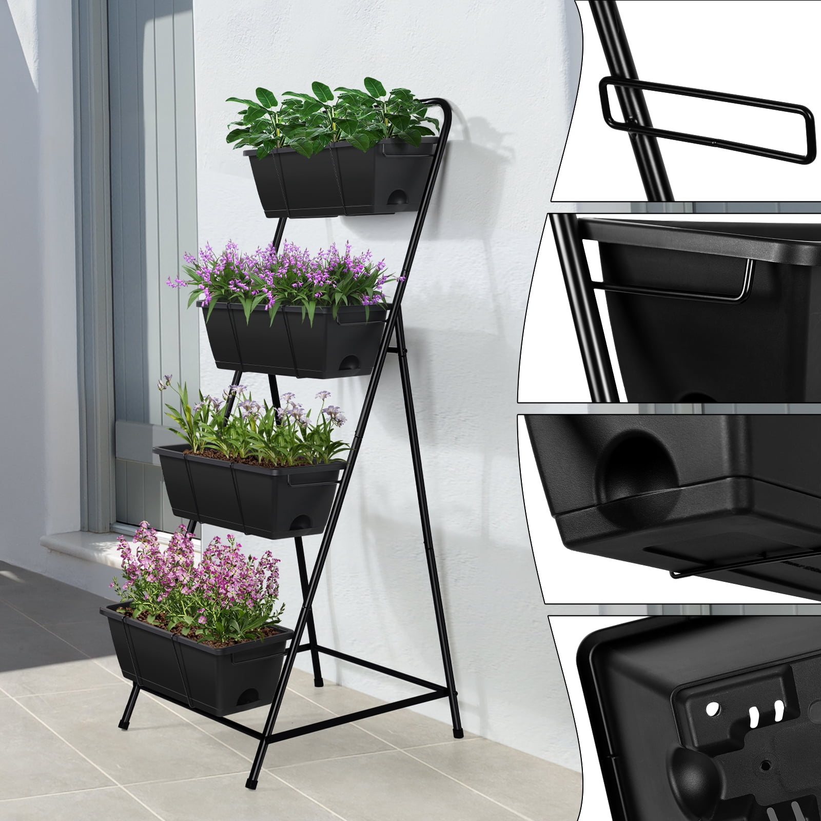 Outdoor 4-Tier Planter Rack with Drainage Holes and Removable Tray Brick Black Metal