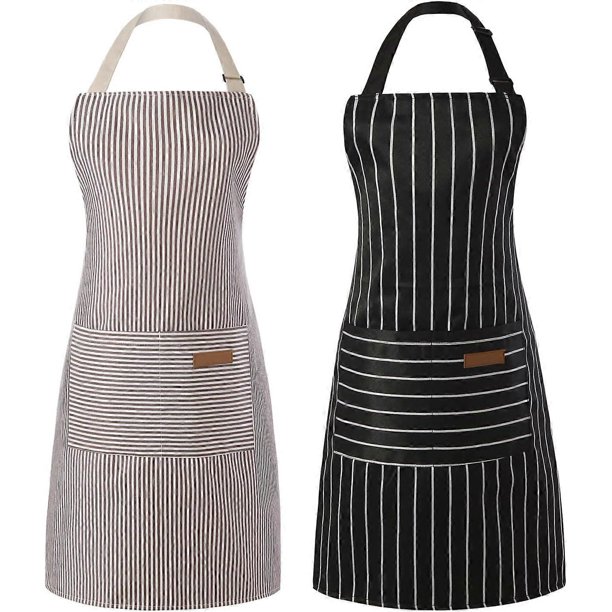 2 Pieces Kitchen Cooking Aprons, Cotton Polyester Blend Adjustable Bib Aprons with 2 Pockets for Women Men Chef Chef (Black/Brown Stripes, 2)
