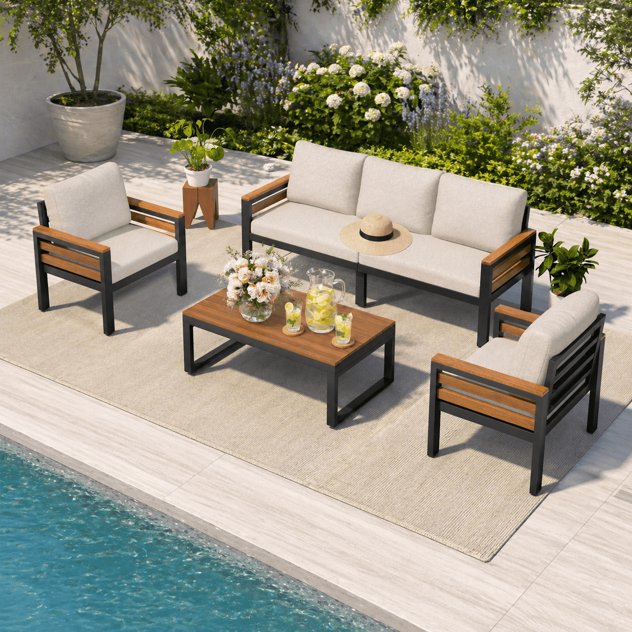 YIORTWO 4-Piece Modern Patio Conversation Set, 5-Person Outdoor Furniture with Acacia Wood Accents & Extra-Thick 6" Cushions, Beige