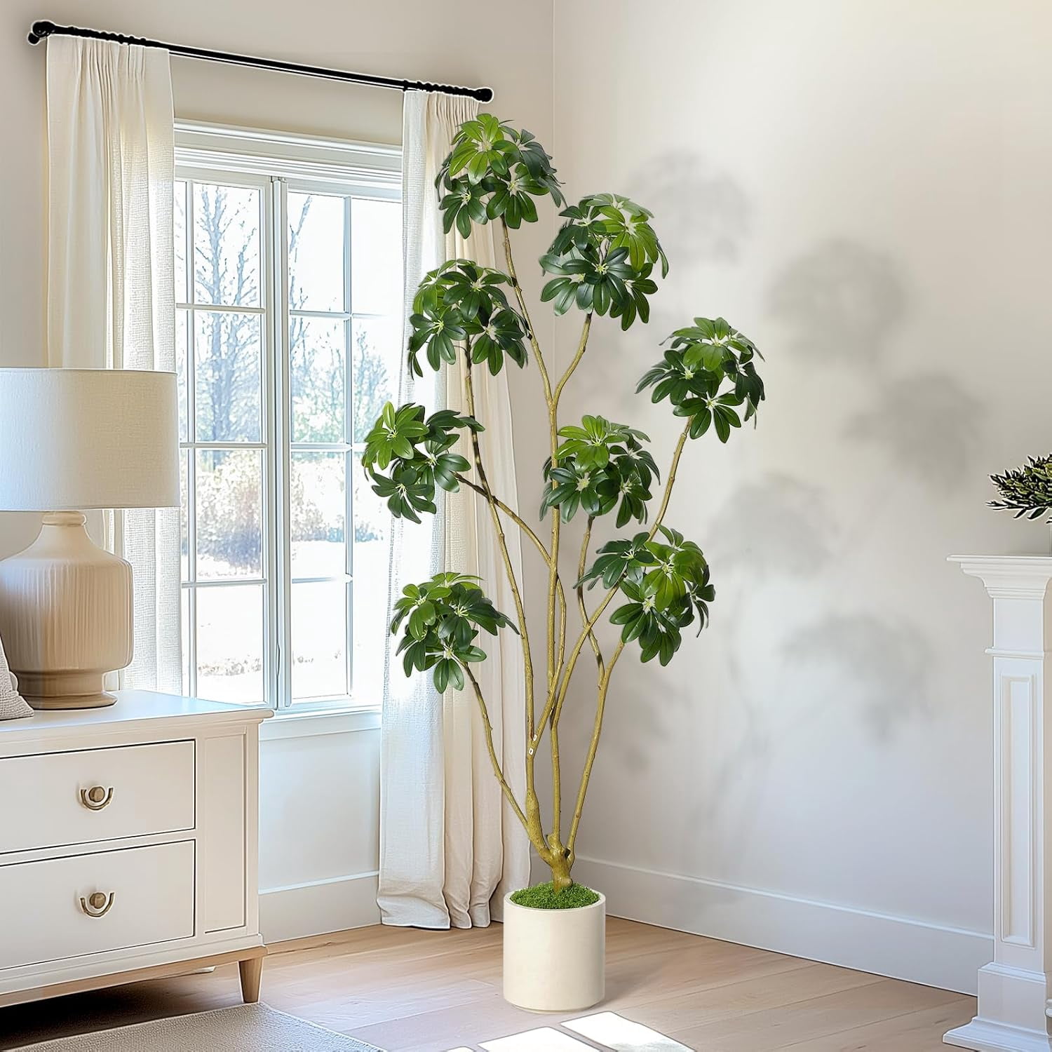 6ft Tall Artificial Umbrella Tree, Fake Indoor Plant with Multiple Trunks, Faux Schefflera Tree in Decorative White Planter, Real Touch Leaves