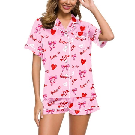 Satin Pajama Set for Women Valentine Pajamas Short Sleeve Bow Print Button down Sleepwear Women s Pajamas