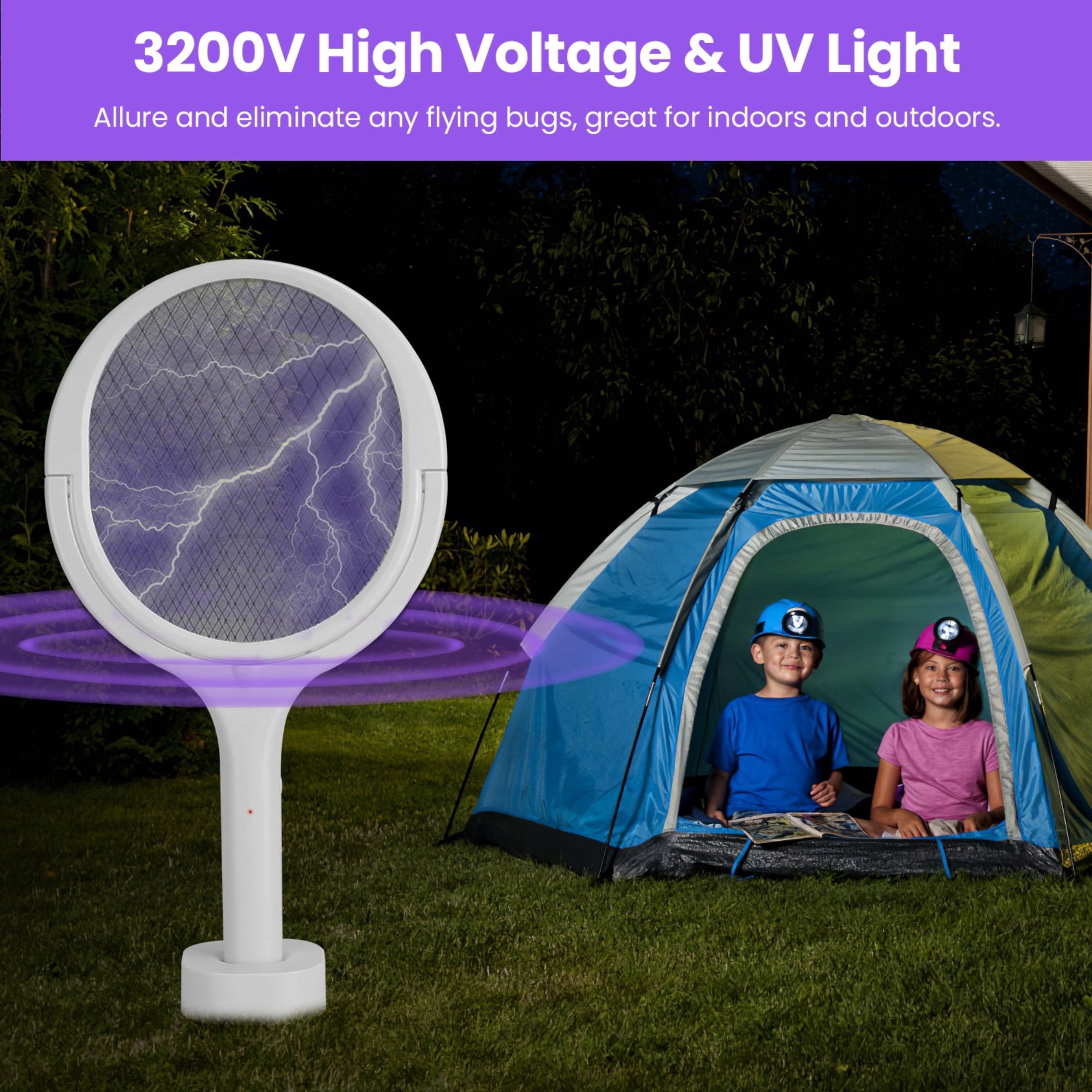 3-in-1 Electric Bug Zapper Racket with Telescopic Extension - Indoor and Outdoor Mosquito Swatter