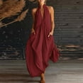 thumbnail image 2 of Women's Plunge Halter Sleeveless Pleated Long Romper Knit Jogger Maxi Jumpsuit with Pockets for Summer Beach Vacation Casual Daily Wear Wine S, 2 of 4